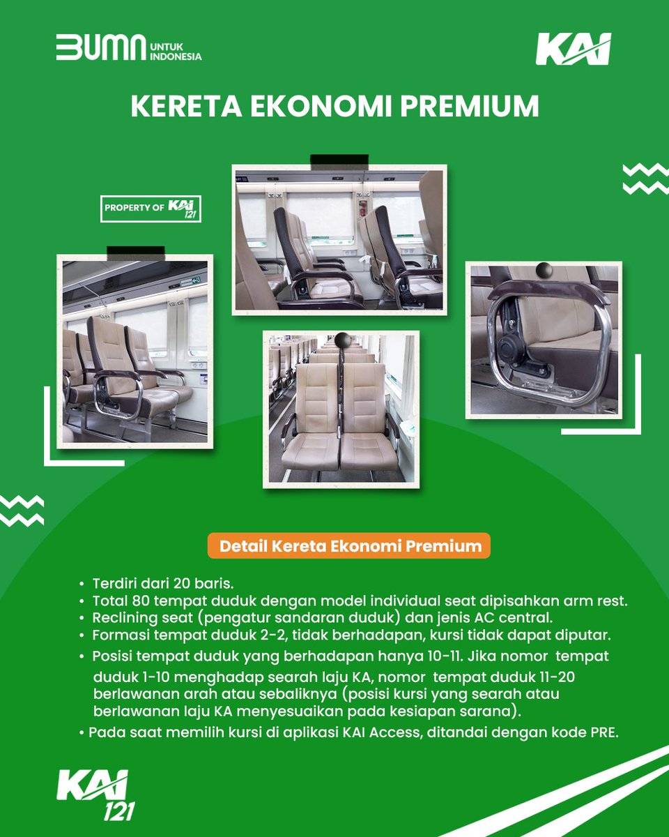 KAI121's tweet photo. @ibnuthecat Belum ya Kak. Kursi kelas Ekonomi KA Gajahwong, menggunakan rangkaian Premium Stainless Steel. Posisi kursi yang berhadapan hanya di nomor 10-11 ya. Berikut contoh kursinya. Trims. https://t.co/Lljywx858O