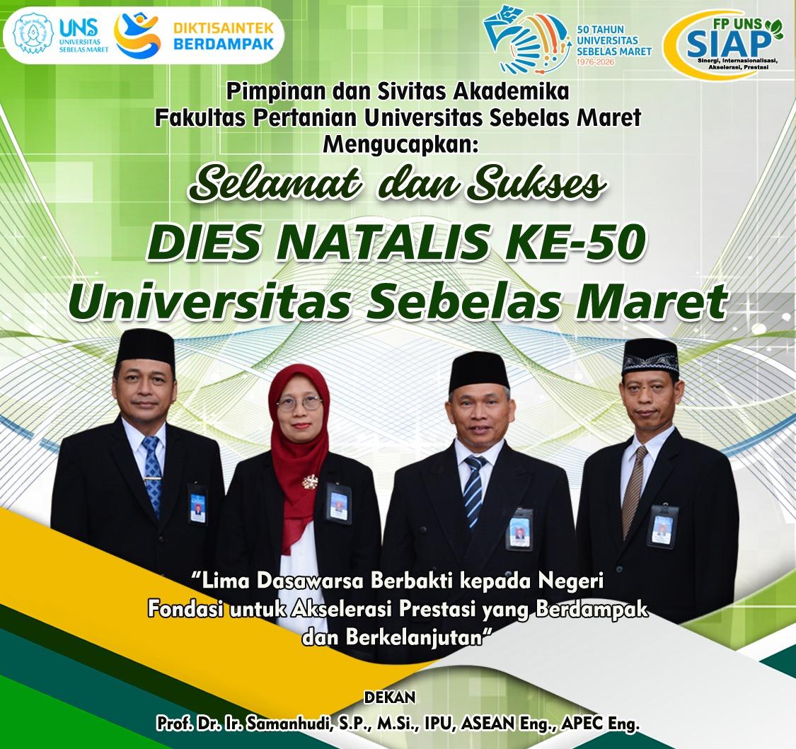 FPUNSOfficial's tweet photo. Pimpinan dan Sivitas Akademika Fakultas Pertanian Universitas Sebelas Maret Mengucapkan

Selamat dan Sukses Dies Natalis Universitas Sebelas Maret ke-50

"Lima Dasawarsa Berbakti kepada Negeri Fondasi untuk Akselerasi Prestasi yang Berdampak dan Berkelanjutan" https://t.co/BZ1ooNiNfG