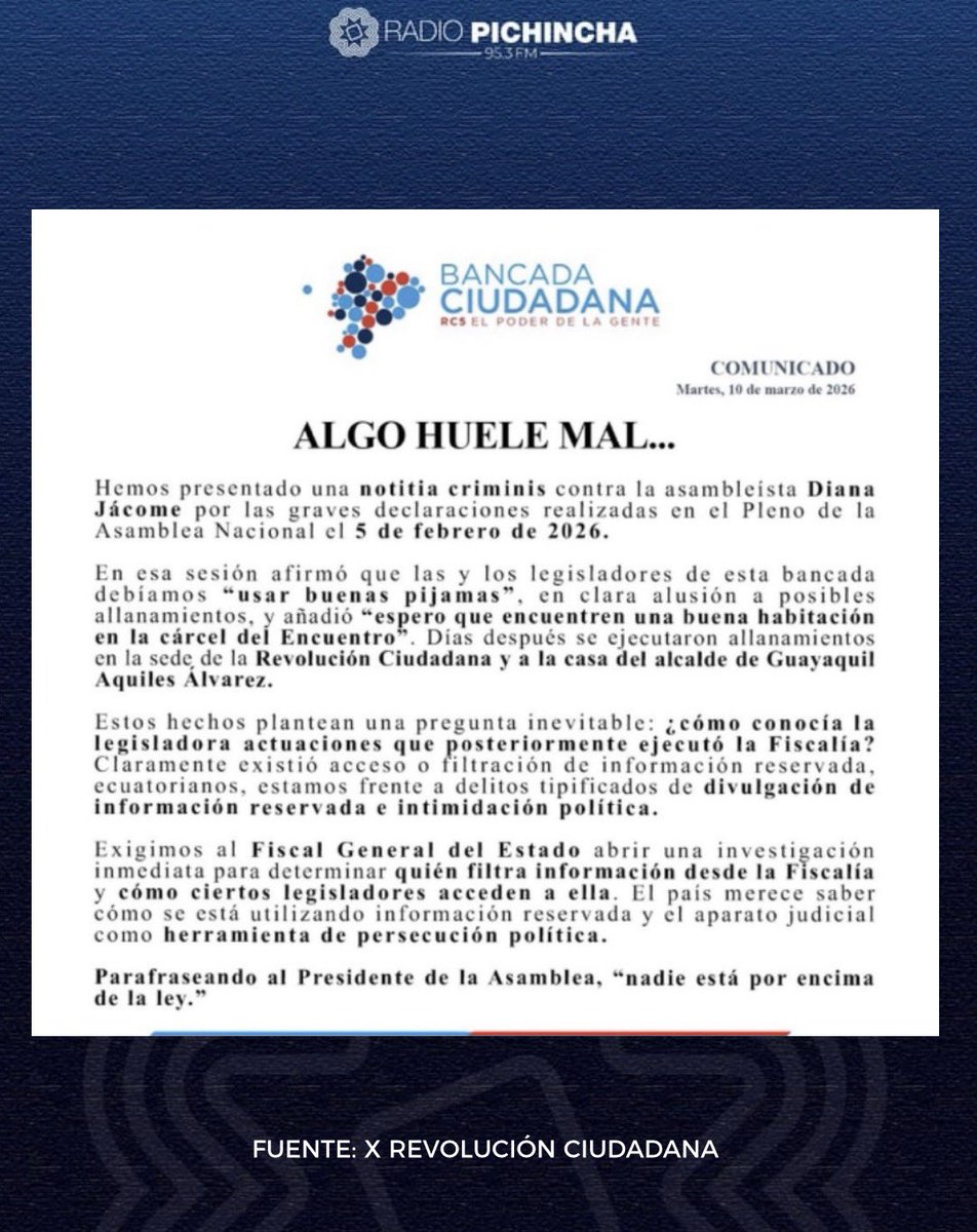 🔴 #Atención || “Hemos presentado una notitia criminis contra la asambleísta Diana Jácome por las graves declaraciones realizadas en el Pleno… afirmó que las y los legisladores de esta bancada debíamos 'usar buenas pijamas', en clara alusión a posibles allanamientos, y añadió