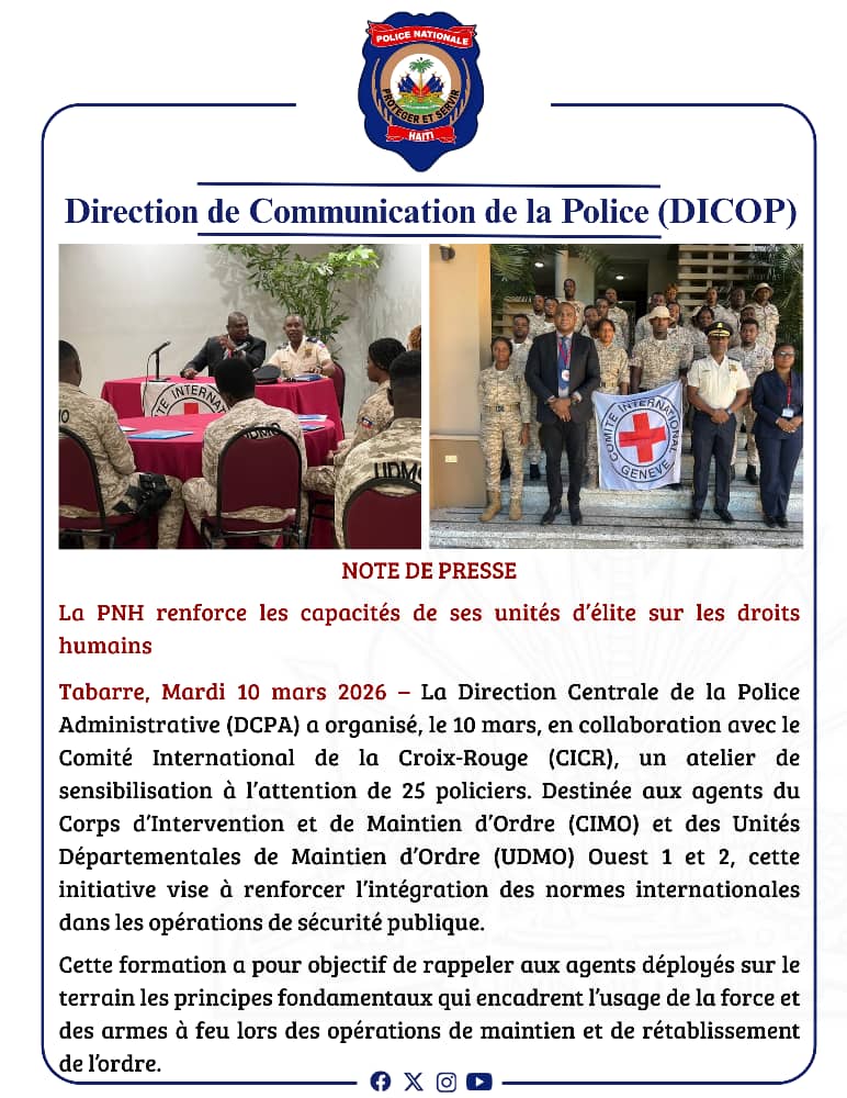 pnh_officiel's tweet photo. 10/03/26: #PNH, via #DCPA et avec l’appui du #CICR, a formé 25 policiers #CIMO #UDMO sur l’intégration des normes internationales et des droits humains dans les opérations de maintien de l’ordre
Objectif: allier efficacité et respect des principes humanitaires 🇭🇹👮🏽‍♂️ #DroitsHumains https://t.co/X2xFET8ihA