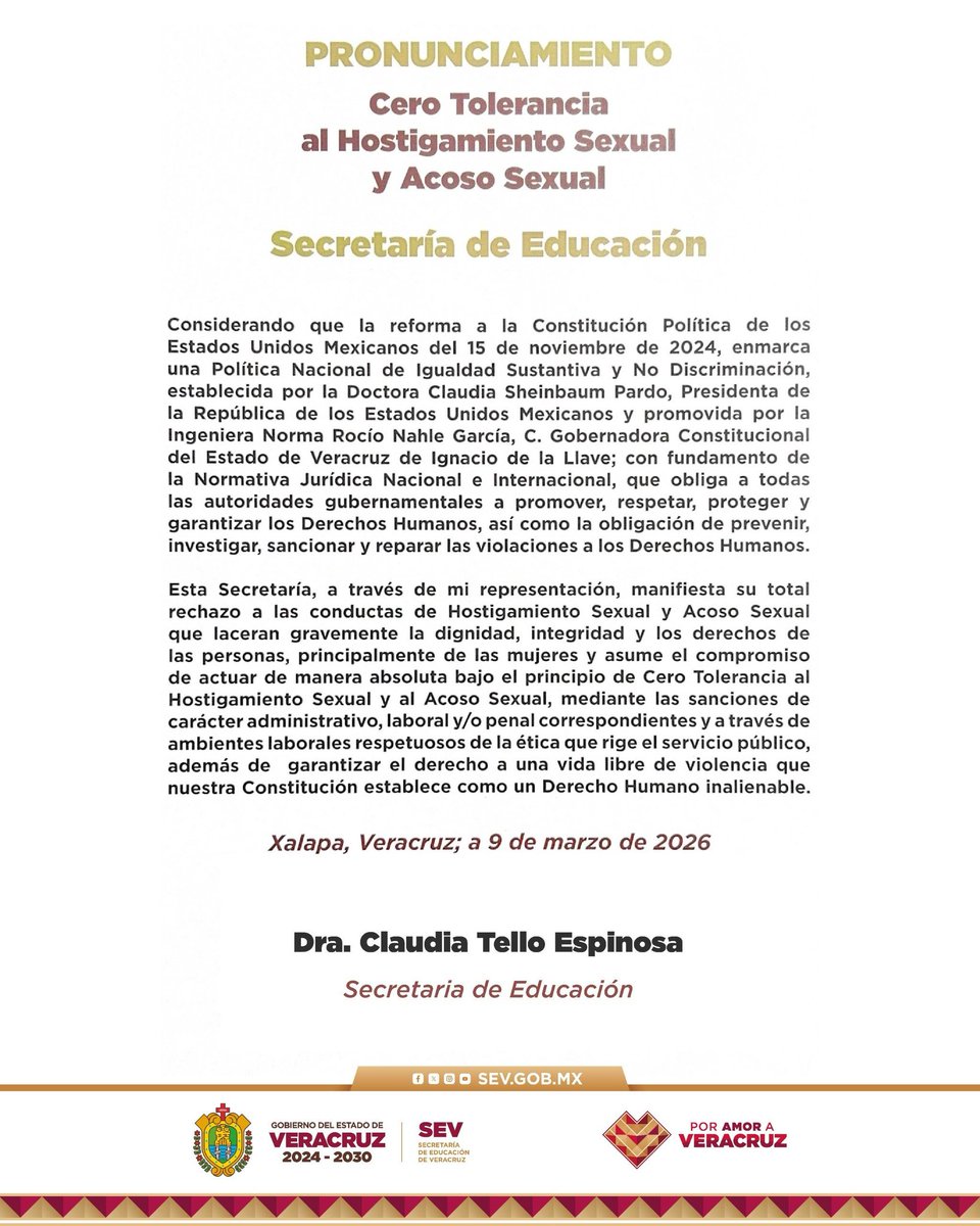 SEducacionVer's tweet photo. La titular de la SEV, Claudia Tello Espinosa, 🖋️ firmó un pronunciamiento y convenio enfocados a prevenir, atender y sancionar la violencia de género en la administración pública, porque es prioridad el respeto a los derechos humanos. 💜

¡Por amor a Veracruz! https://t.co/2EQMKj7itK