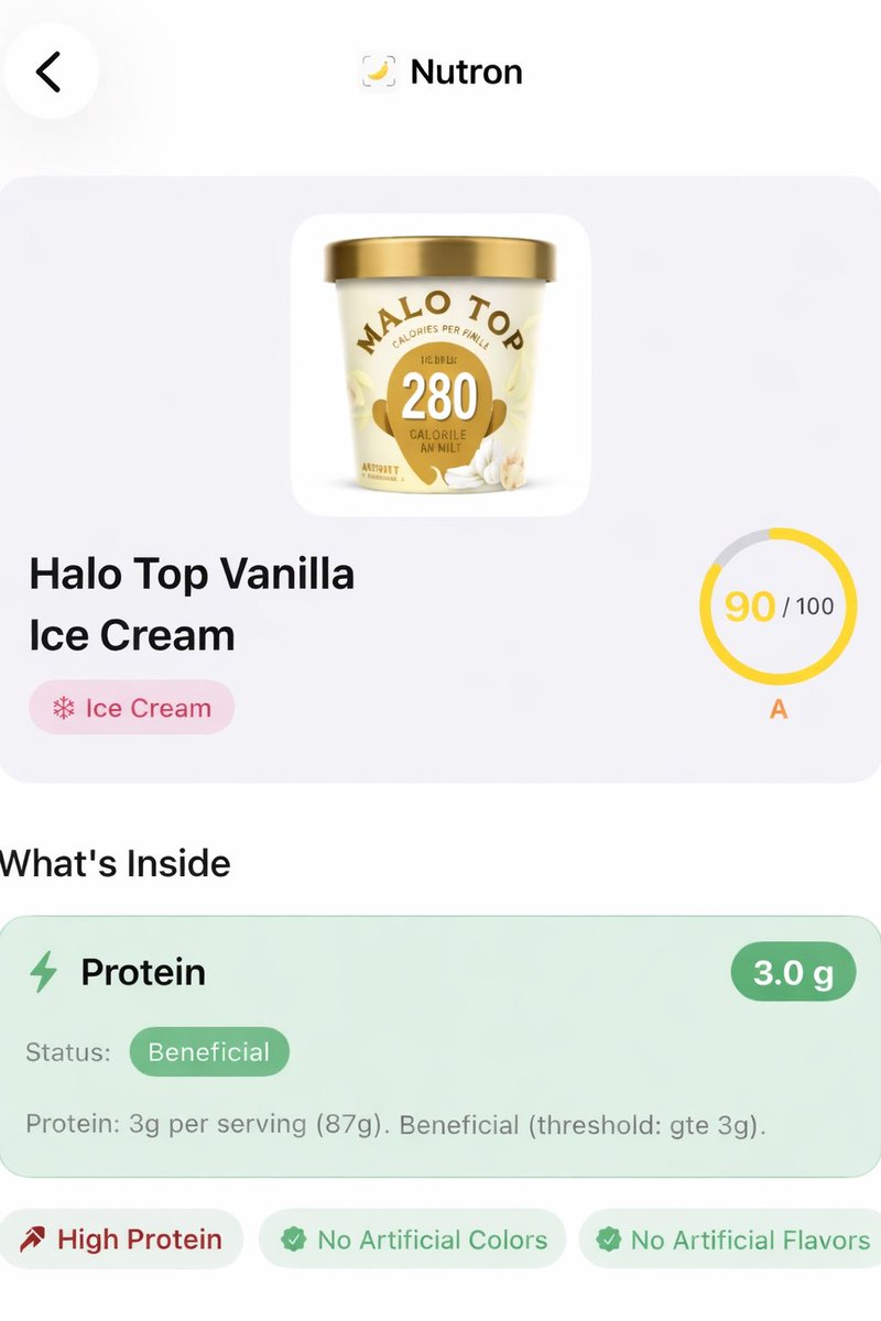 NutronApp's tweet photo. For decades we’ve been told ice cream is bad for you.

But a long-term study following 190,000 people over 40 years found something strange: people who ate ice cream regularly had lower risks of diabetes and heart disease.

Even among diabetics, eating about half a cup per day was linked to a 12% lower risk of cardiovascular disease.

Researchers still debate why, but one likely factor is MFGM (milk fat globule membrane), a natural compound in dairy fat that has been shown to
• reduce LDL cholesterol
• lower inflammation
• support gut health

The catch is that most “ice cream” in grocery stores isn’t really ice cream.

The FDA requires at least 10% milkfat to legally call something ice cream, yet many products are reformulated with fillers like vegetable oils, carrageenan, cellulose gum, and corn syrup.

Traditional ice cream was simple: milk and cream.

And there may also be something else at play, people who eat real ice cream tend to enjoy it without stress.

📱 Find healthy ice cream in the Nutron App
