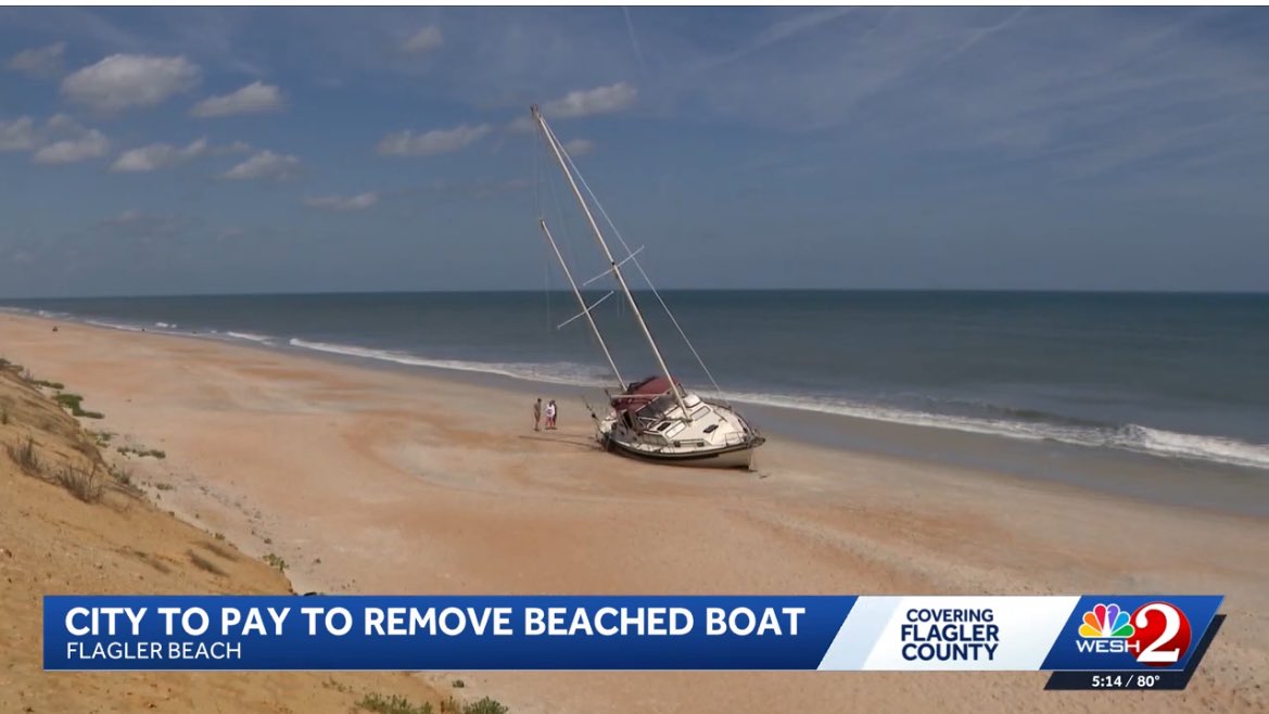 realclairemetz's tweet photo. Salvage of grounded sailboat on #flaglerbeach begins tomorrow March 11th at more than 42k cost to the city. Officials say they will work for reimbursement or a grant. Pic courtesy of @WESH https://t.co/dnzMx8CMbI