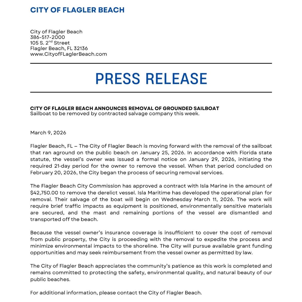 realclairemetz's tweet photo. Salvage of grounded sailboat on #flaglerbeach begins tomorrow March 11th at more than 42k cost to the city. Officials say they will work for reimbursement or a grant. Pic courtesy of @WESH https://t.co/dnzMx8CMbI