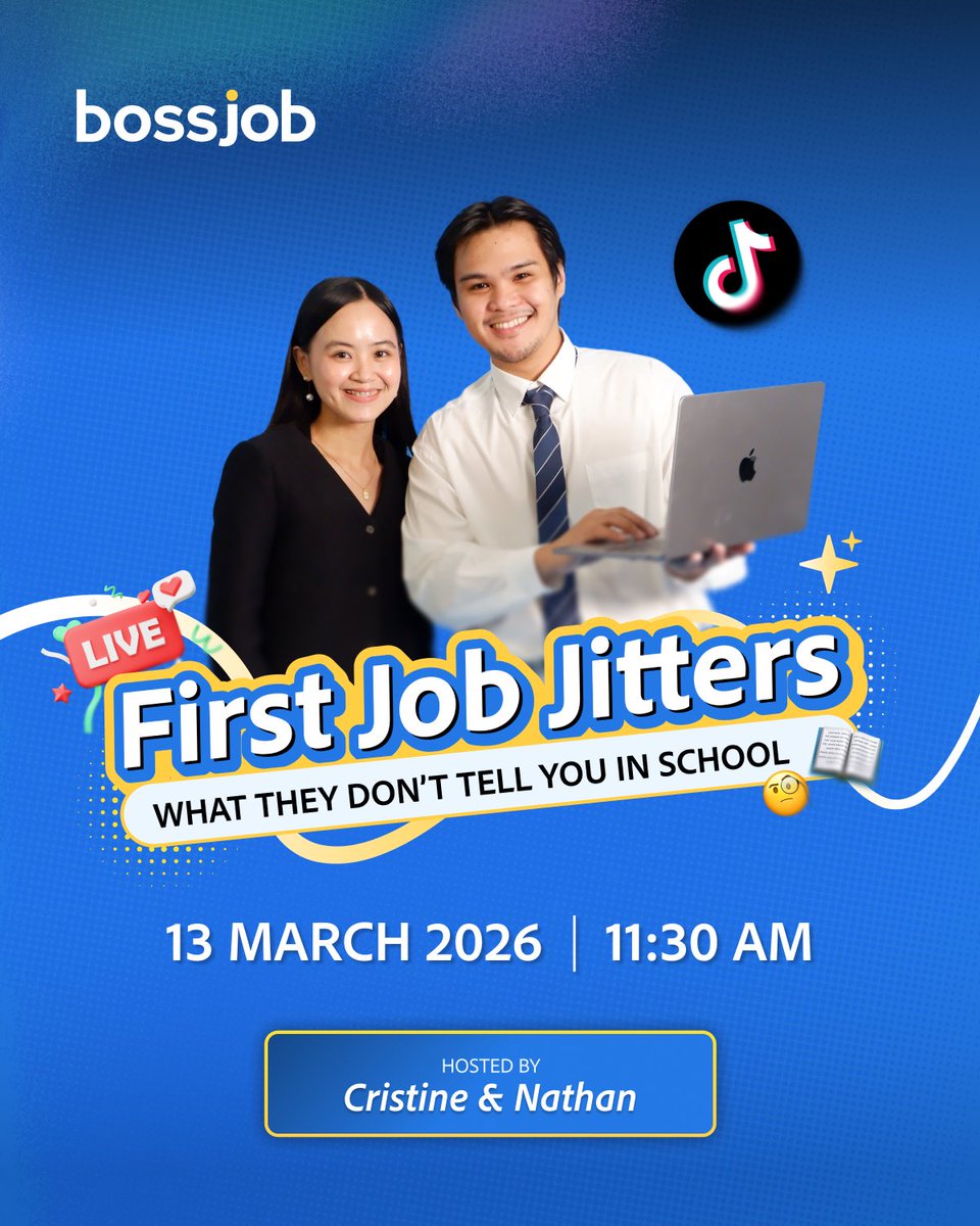 bossjobofficial's tweet photo. They taught us theories in school…
but not how to survive our first job. 😅💼

Join our LIVE: First Job Jitters: What They Don’t Tell You in School with Cristine and Nathan.

📅 March 13, 2026 | ⏰ 11:30 am

#Bossjoblive #firstjob #careertips #freshgraduates #BossjobPH https://t.co/bQHyh6hvj2