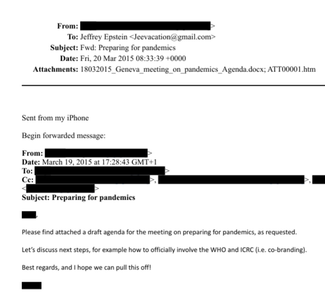 An email to Jeffrey Epstein from [redacted] back in 2015

"Preparing for Pandemics"

"Let's discuss next steps, for example how to officially involve the WHO and CDC"

"And I hope we can pull this off"