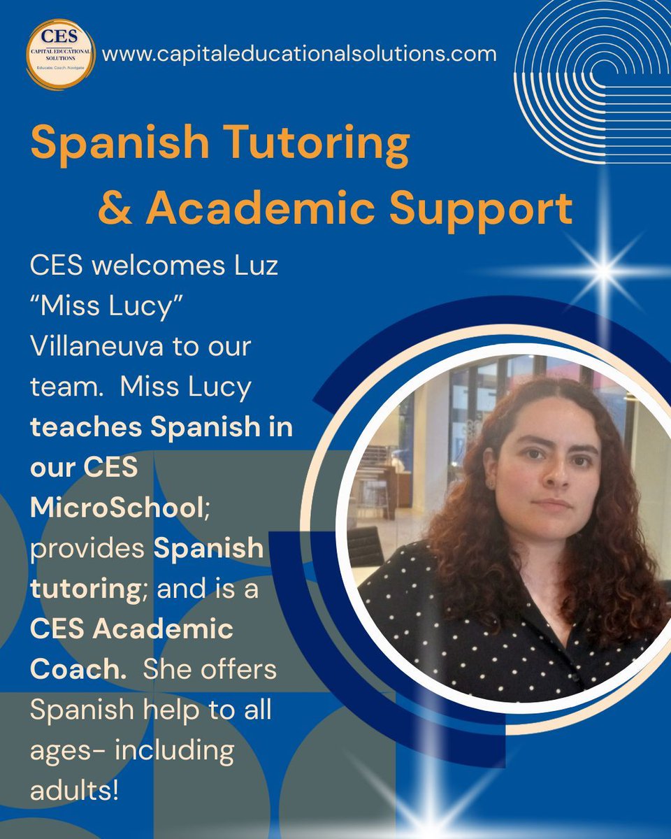 Welcome to CES, Luz "Miss Lucy" Villaneuva!  Miss Lucy provides Spanish tutoring and academic coaching.  Miss Lucy helps students strengthen their learning skills to reach their full potential.  

Contact us today at buff.ly/6zkDCWy.

#SpanishTutoring #AcademicCoaching