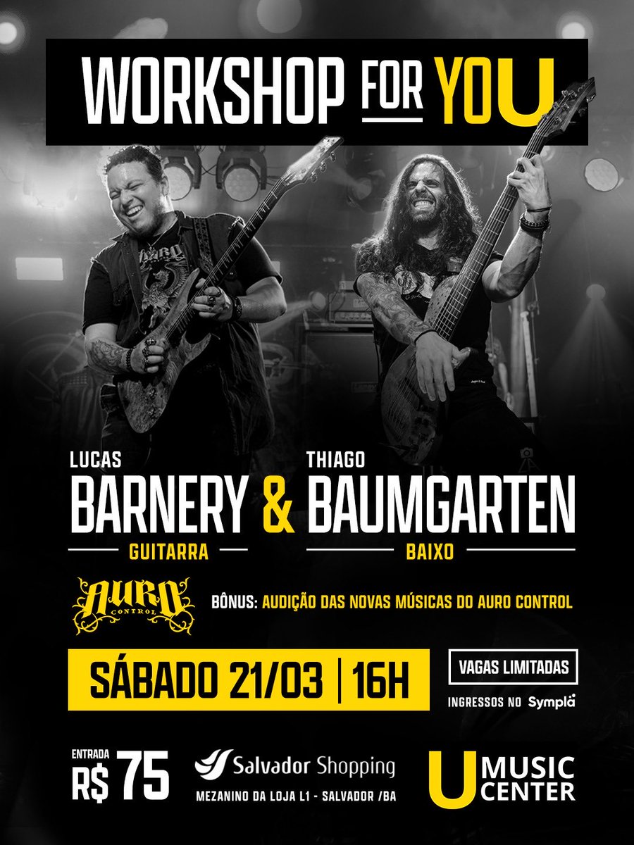 AuroControl's tweet photo. U MUSIC CENTER presents:

Workshop with Lucas Barnery &amp; Thiago Baumgarten in Salvador/Bahia - Brazil.

Playing songs by Auro Control and covers of renowned bands, the duo will be at the Salvador Shopping store on March 21, 2026, at 4 PM. https://t.co/JUqtcRL5M0