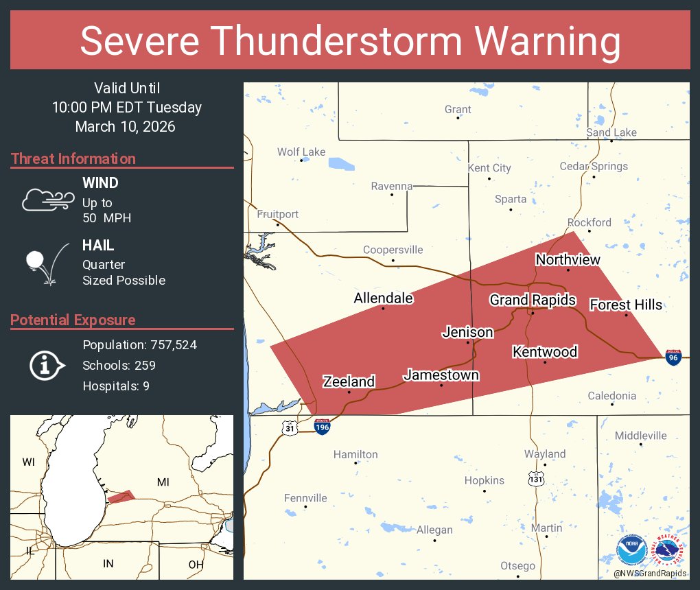 NWSGrandRapids's tweet photo. Severe Thunderstorm Warning including Grand Rapids MI, Wyoming MI and  Kentwood MI until 10:00 PM EDT https://t.co/FQJgmfNrHi