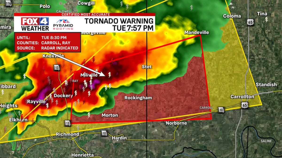 New Tornado Warning for Carroll, Ray counties until 3/10 8:30PM. Seek ...