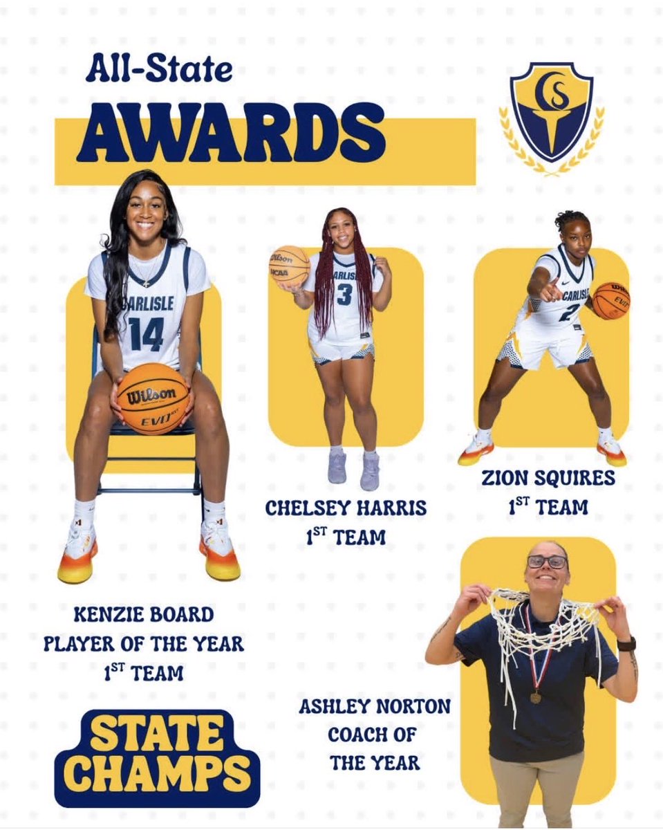 Kballing14's tweet photo. Carlisle Lady Chiefs All-State honors:

⭐ Kenzie Board – Player of the Year &amp; 1st Team All-State
⭐ Chelsey Harris – 1st Team All-State
⭐ Zion Squires – 1st Team All-State
⭐ Ashley Norton – Coach of Year

💙💛 Go Chiefs!

#allstatehonors #carlisleschool https://t.co/ZPtTIC9c0q