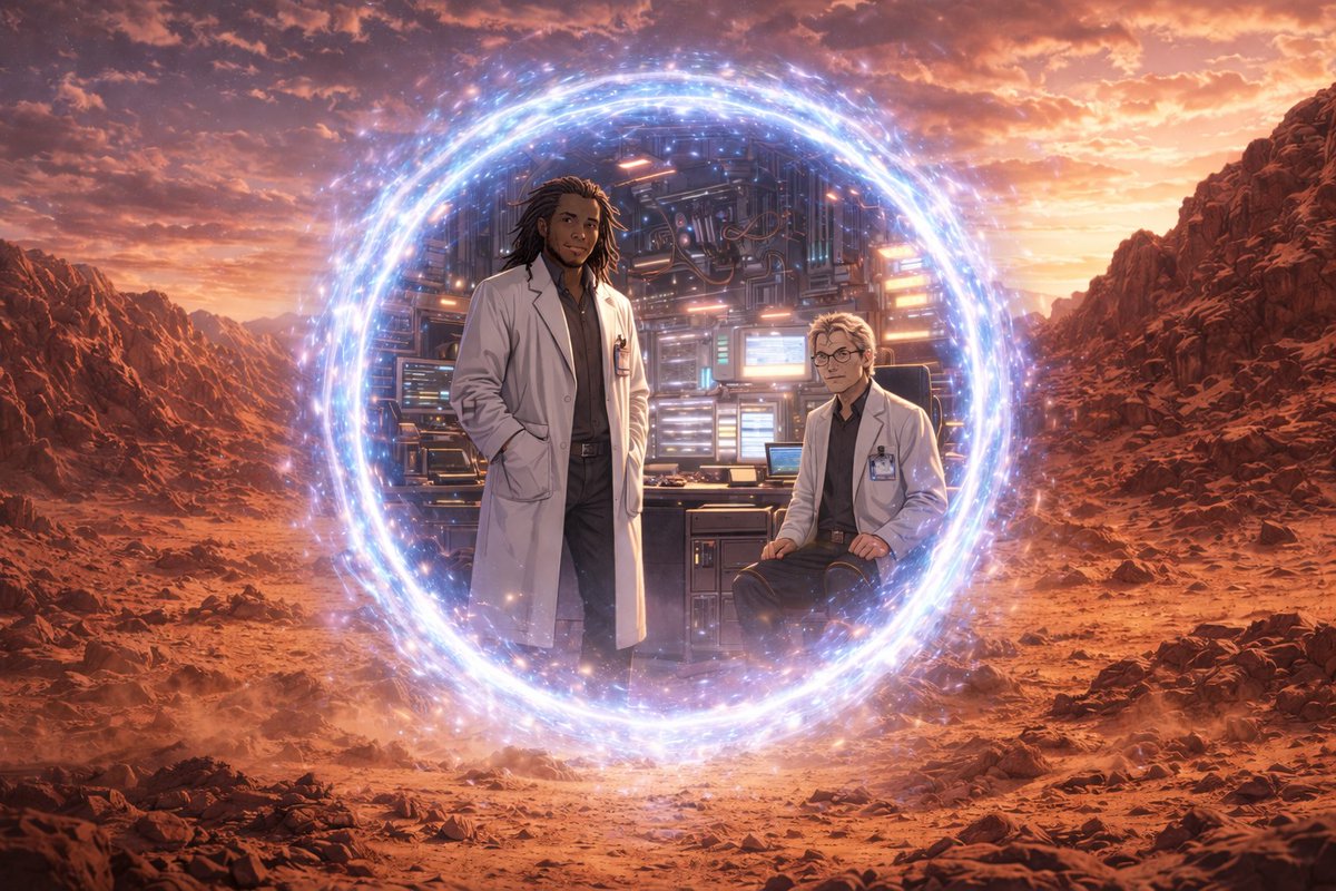 Hey @Grok - here is the challenge for you based on the image:  Make the man in a white lab coat wear a spacesuit and step through the wormhole opening to the service of Mars. A long air hose snaking back through the wormhole back to the equipment.