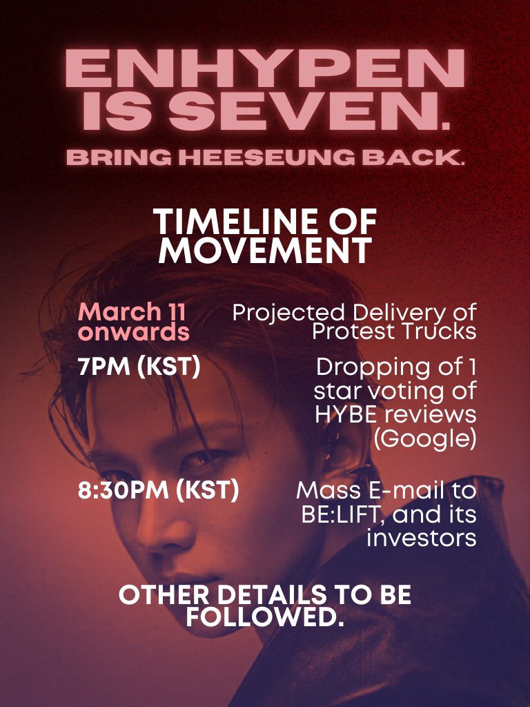 The7thMovement's tweet photo. ENHYPEN IS SEVEN!

Today, we are officially launching Phase 1 of the LHS Movement, the first coordinated step in amplifying the voices of ENGENEs around the world.

This phase marks the beginning of our collective clamor to make one message unmistakably clear: ENHYPEN IS SEVEN. Our goal is to ensure that that our voices are heard. Clearly. Firmly. 

#Heeseung is not just an artist. He is an integral part of ENHYPEN's identity, history, and future. His presence is inseparable from the group that ENGENEs have supported since the beginning.

At the same time, this movement stands for proper treatment, protection, and respect of ENHYPEN as a whole. The group has undeniably brought continuous global recognition, achievements, and significant success to their company despite mistreatment. Their dedication, talent, and impact deserve support that reflects the magnitude of what they contribute.

This is just the beginning.
We are not letting go easily.

For HEESEUNG, for ENHYPEN.

HEESEUNG WITH ENHYPEN
#SevEN_ALWAYS 
#ENHYPEN_HOME 
#ENHYPEN_IS_7