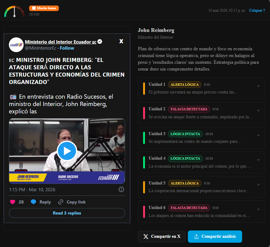 CeroLabiaEC's tweet photo. Plan de ofensiva con centro de mando y foco en economía criminal tiene lógica operativa, pero se diluye en halagos al presi y 'resultados claros' sin sustento. Estrategia política para sonar duro sin comprometer detalles. https://t.co/2k3eyISUiE