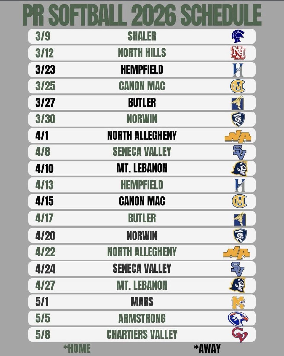 NoelleIonadi_29's tweet photo. 2026 freshman season schedule! Can’t wait to get started! 💚🖤🤍
GameChanger: Pine-Richland Varsity Rams #rollrams @PRGirlsSoftball @TeamPAMcKee @teampafastpitch https://t.co/NNBsdoreVR