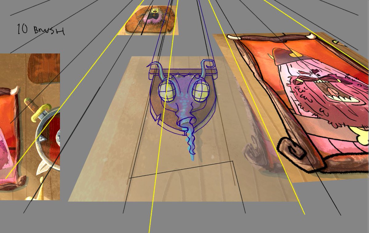 GimonLeonardo's tweet photo. Quise darle un extra de dramatismo a esta escena del animatic del episodio piloto de Kam-bur. ⚔️
Usé una perspectiva bien fuerte en los fondos y un zoom rápido para que sintieran la misma presión que Kam al ver los trofeos del padre de Pelusín. https://t.co/CfKD66k6dW