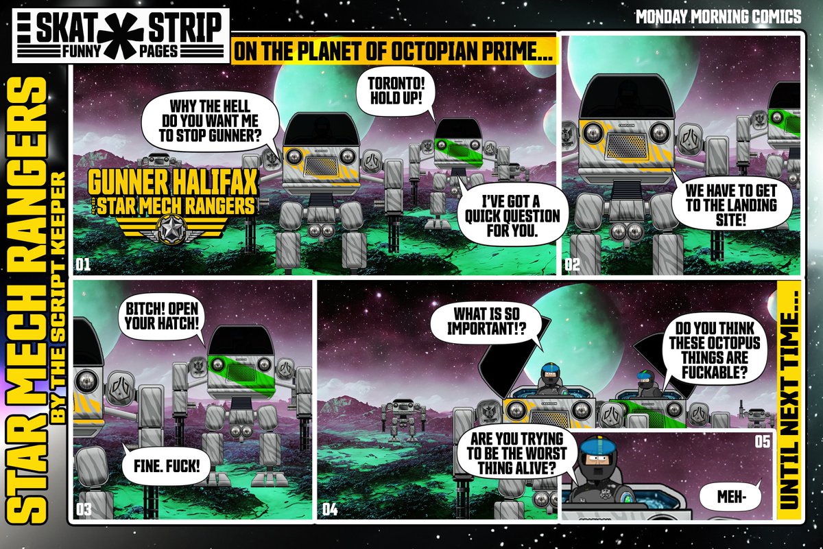 SkatcastPodcast's tweet photo. In our SKATCAST Patreon we've started doing comic strips for a few of our Skit-SKATs (find it in the SKATAZINE).  If you've heard The Adventures of Gunner Halifax, the story of the worst alien the galaxies, these comic strips fit in to that universe.  It is all very dumb!

Check out new releases every Monday here on X and in the SKATAZINE in our Patreon.

https://t.co/MFobH8D36g