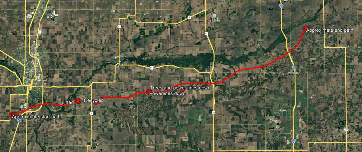 wx_macomb's tweet image. TAKE WITH A GRAIN OF SALT!- Rough estimate path i made for the tornado that formed south of Kankakee. It briefly lifted and quickly recycled taking on a decently long track. Locations most likely affected by this tornado are Aroma park, Lake village, and many smaller communities.