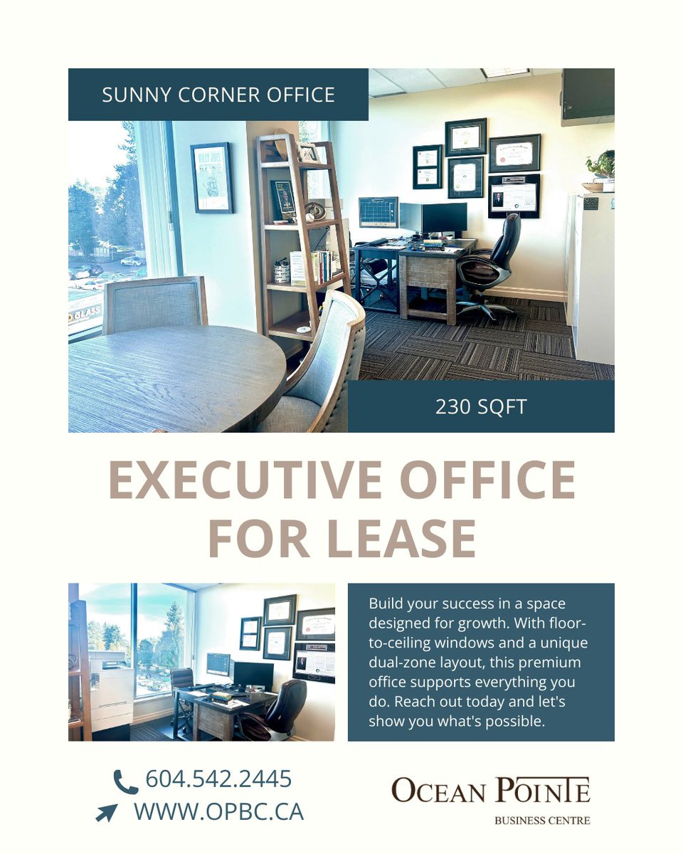 OceanPointeBC's tweet photo. Make your first impression a lasting one.

Our largest executive office (230 sq ft) features a separated layout — workspace on one side, client meeting area on the other. Floor-to-ceiling windows. Corner location.

See it for yourself!

📞 604.542.2445
🔗 https://t.co/0uNgAbf1ne https://t.co/SNg9YxEqzq