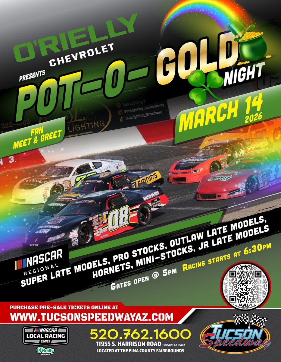Tucson_Speedway's tweet photo. The Super Late Models kick off their regular season this Saturday in the Pot-o-Gold NASCAR Local Racing Series event presented by O’Rielly Chevrolet. 

Gates: 5:00pm
Streaming: @LBTV_racing 
Tickets below. 🍀 https://t.co/QiuLrSMjNr