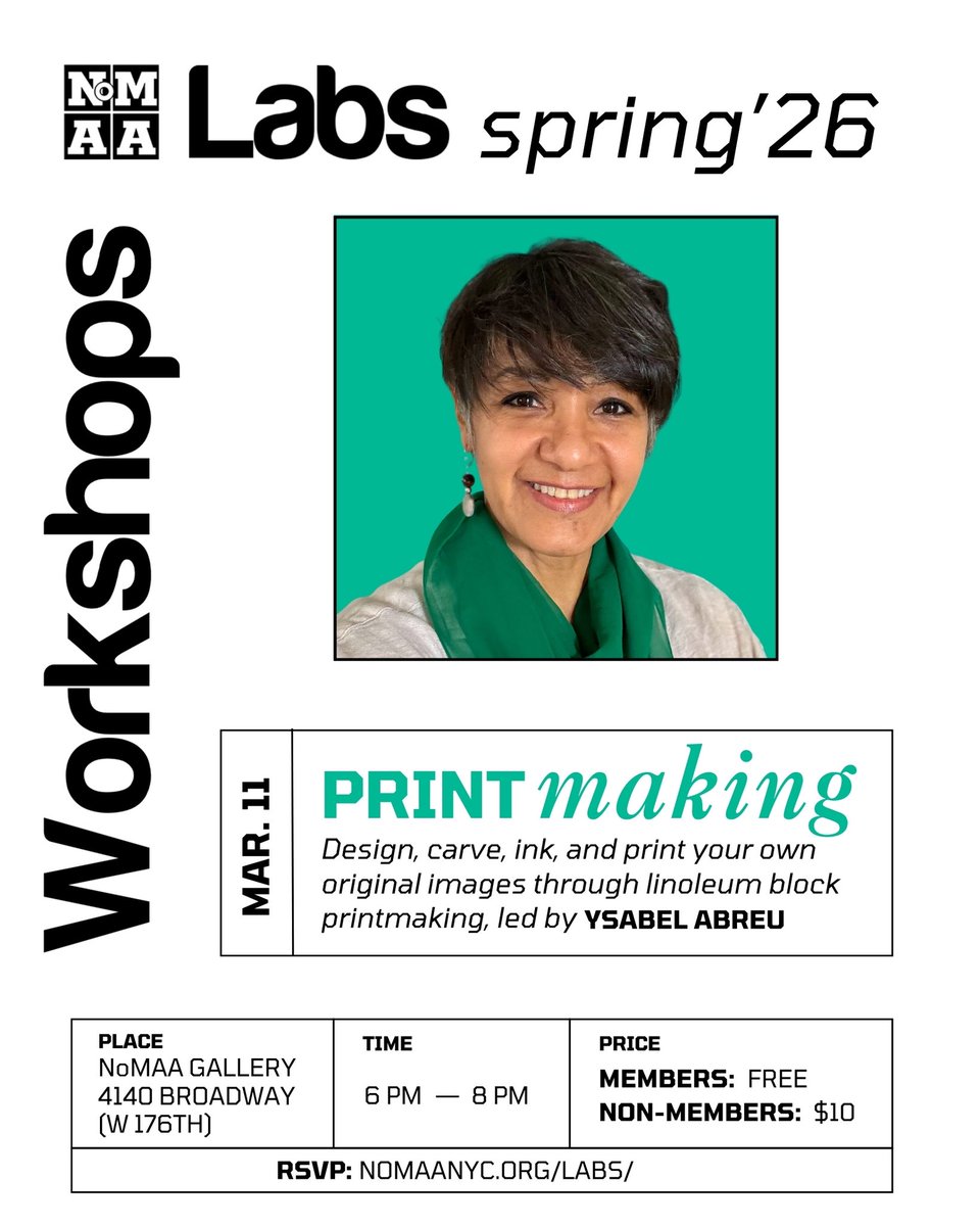 📢NoMAA Tomorrow: NoMAA Labs: Printmaking📢
 Join Ysabel Abreu to learn the basics of linoleum block printmaking, where you will design, carve, ink, and print your original images.

FREE for NoMAA members with code, or $10 fee.

Get TIX: nomaanyc.org/events/nomaa-l…

#NoMAALabs