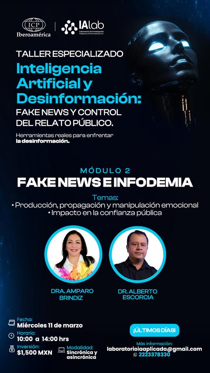Campañas de desinformación en tiempo real, cómo detectarlas y cómo saber quienes están detrás,  nos explicará mañana <a href="/AlbertoEscorcia/">Alberto Escorcia</a> en el Taller sobre IA y Desinformación: fakenews y control del relato público.

Sobre el fenómeno de la Infodemia y cómo afecta a la democracia