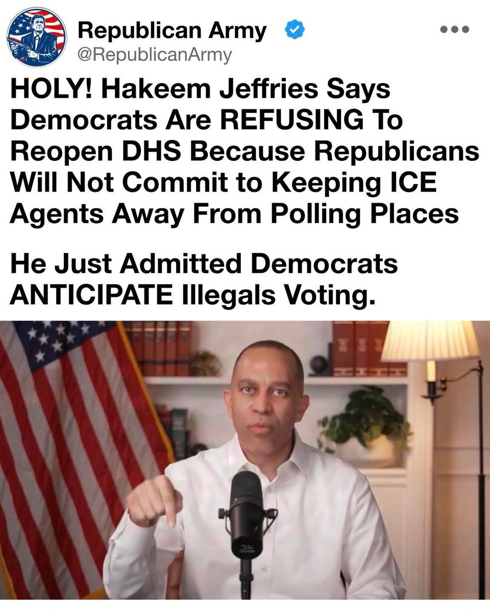 Sassafrass_84's tweet image. Interesting. 

Hakeem Jeffries just let the mask slip in that press conference. Democrats are flat-out refusing to reopen DHS funding unless Republicans agree to keep ICE agents far away from polling places. This isn't about "voter intimidation"—it's a blatant admission they