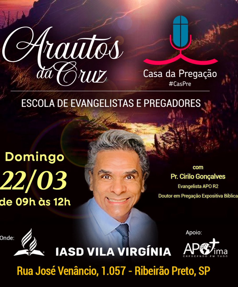 Estamos iniciando (22/3/26) mais uma GRANDE JORNADA  de treinamento mensal na Macroregião de Ribeirão Preto SP. APO-UCB: 

◾️ Aulas de Pregação Expositiva e aulas de Evangelismo. 
◾️ Curso completo para os ARAUTOS DA CRUZ DA R2.
<a href="/paulistaoeste/">Adventistas Paulista Oeste</a> <a href="/CPregacao/">Casa da Pregação</a> #CasPre #CEOnline