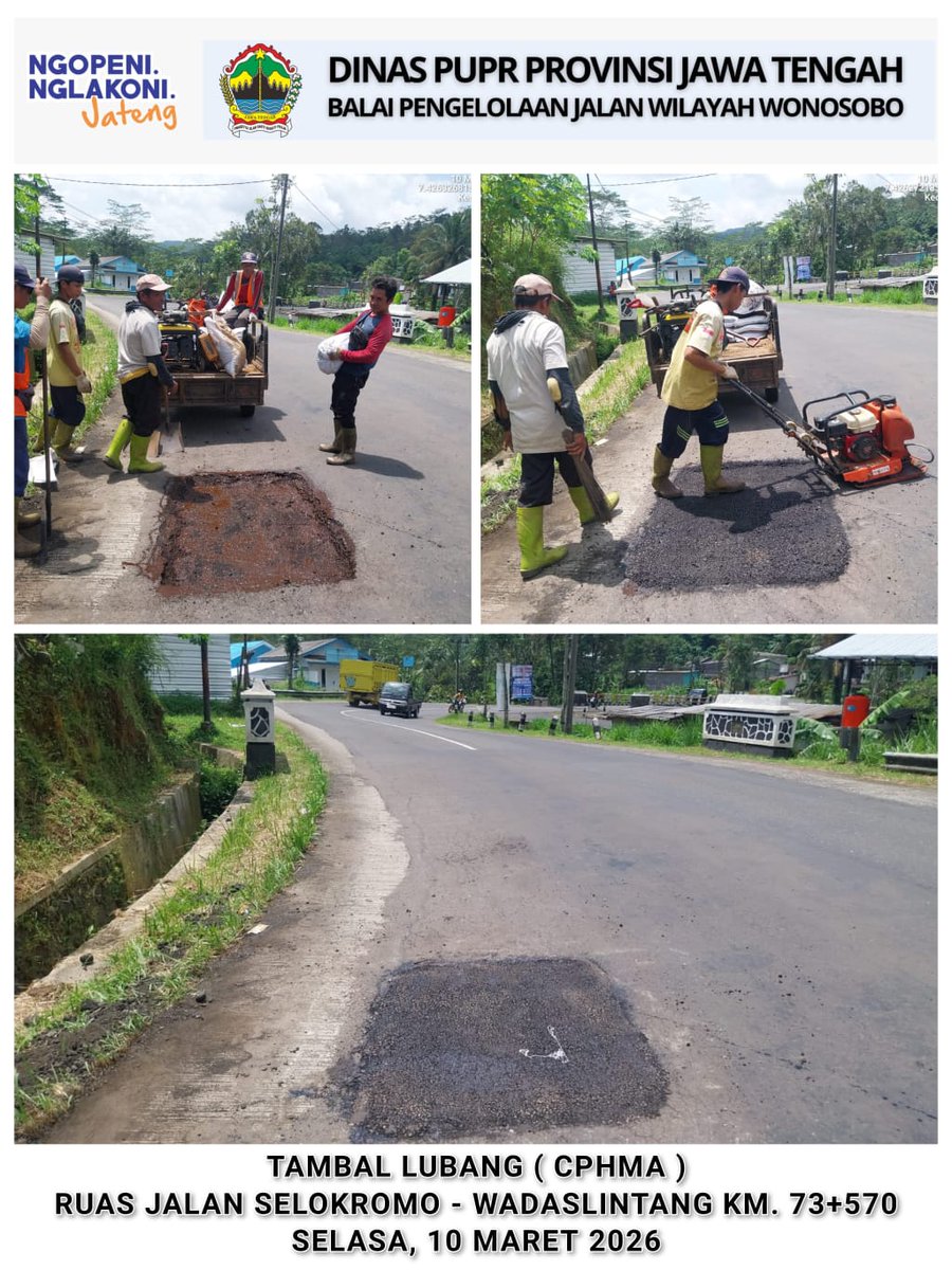 bpjwonosobo7's tweet photo. Sahabat #jalancantik share kegiatan BPJ Wilayah Wonosobo
Pekerjaan tambal lobang dengan CPHMA ruas Selokromo - Wadaslintang  #JatengBebasLubang #AyoKerjaManeh #jalancantik #JatengGayeng
@provjateng
@dpuprjateng
@humasjateng https://t.co/Sv0CvjzT5B