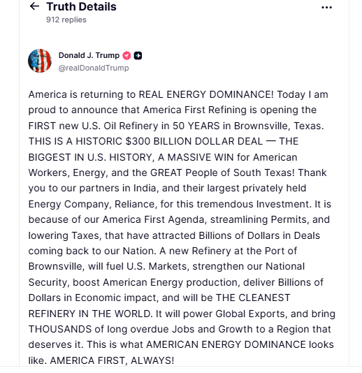 CNBCTV18Live's tweet photo. #TrumpWatch | US President #DonaldTrump posts on Truth Social: America First Refining is opening the first new US oil refinery in 50 years in Brownsville, #Texas, a $300 billion deal- the biggest in U.S. history https://t.co/QLkjImuyrb