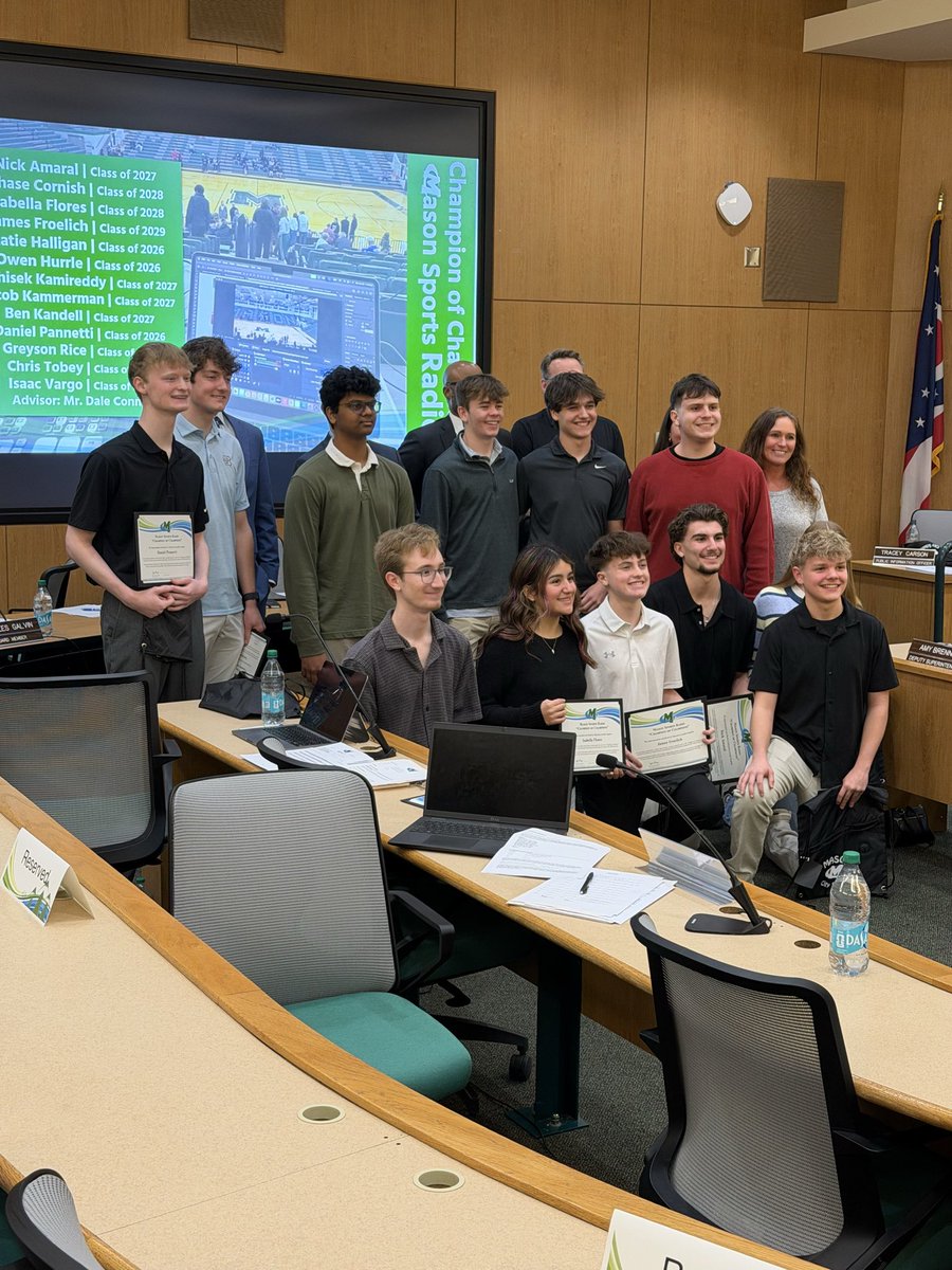 PennettiDaniel's tweet photo. We had the incredible opportunity to be recognized at tonight’s Mason City Schools Board Of Education meeting for our work with @MHSsportsradio 

Thank you @MasonSchools for allowing myself and the team to be there tonight! https://t.co/jEj8zPvs8V