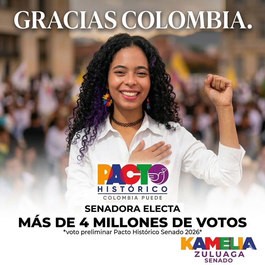 Zuluagakame's tweet photo. ¡Gracias, Colombia! 🇨🇴 Con más de 4 millones de votos, el Pacto Histórico demuestra que el cambio es imparable. Asumo con honor ser Senadora Electa y trabajaré por la justicia social, la paz y la dignidad en cada rincón del país. ✊💜 https://t.co/EVmieVLxsV
