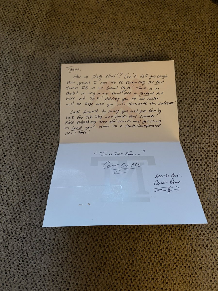 TysonScheel's tweet photo. Thank you @CoachTravisDean for the handwritten letter! Excited to learn more about @MonTechFootball ! @GallatinRaptor https://t.co/BVUEcVeZYv