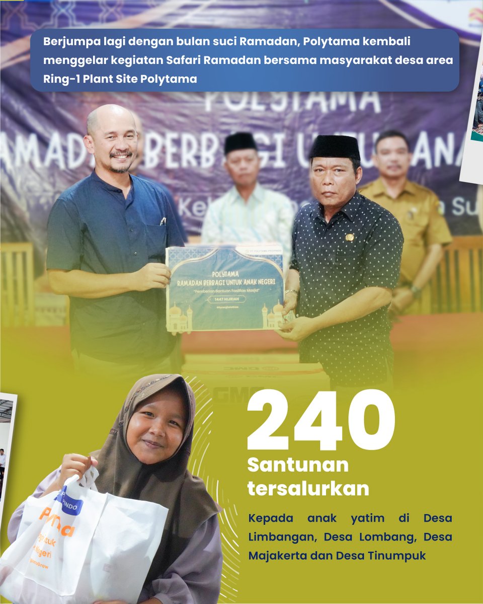 polytamaprop's tweet photo. Polytama menyalurkan santunan kepada 240 anak yatim dan piatu dari Desa Lombang, Limbangan, Tinumpuk, dan Majakerta di wilayah sekitar operasional perusahaan di Indramayu.  Semoga kebersamaan ini terus terjaga dan membawa keberkahan bagi kita semua.  
Polytama, 
#SynergizeToGrow https://t.co/Kno50BbVxu