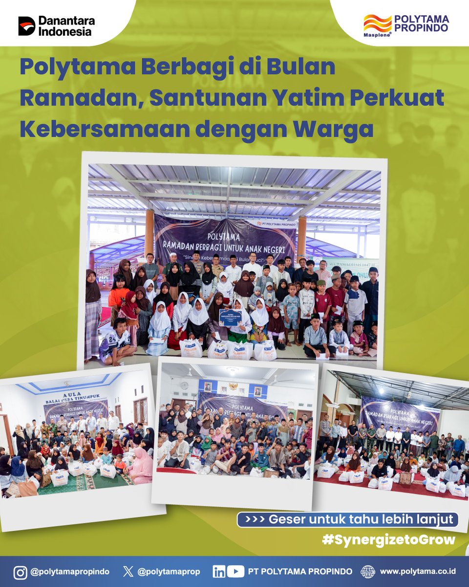 polytamaprop's tweet photo. Polytama menyalurkan santunan kepada 240 anak yatim dan piatu dari Desa Lombang, Limbangan, Tinumpuk, dan Majakerta di wilayah sekitar operasional perusahaan di Indramayu.  Semoga kebersamaan ini terus terjaga dan membawa keberkahan bagi kita semua.  
Polytama, 
#SynergizeToGrow https://t.co/Kno50BbVxu