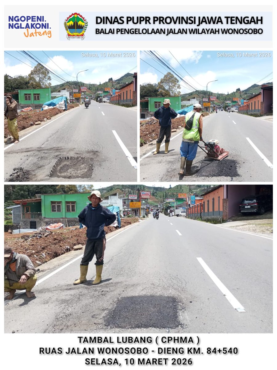 bpjwonosobo7's tweet photo. Sahabat #jalancantik share kegiatan BPJ Wilayah Wonosobo
Pekerjaan tambal lobang dengan CPHMA ruas Wonosobo - Dieng  #JatengBebasLubang #AyoKerjaManeh #jalancantik #JatengGayeng
@provjateng
@dpuprjateng
@humasjateng https://t.co/0JXDP9IVu3