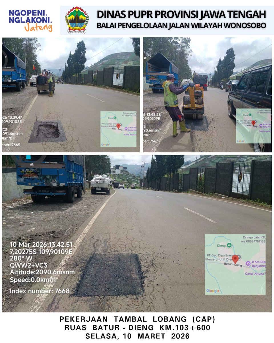 bpjwonosobo7's tweet photo. Sahabat #jalancantik share kegiatan BPJ Wilayah Wonosobo #JatengBebasLubang #AyoKerjaManeh #jalancantik #JatengGayeng
@provjateng
@dpuprjateng
@humasjateng 
Pekerjaan tambal lobang dengan CAP ruas Batur - Dieng. https://t.co/wOMdmBLGEa