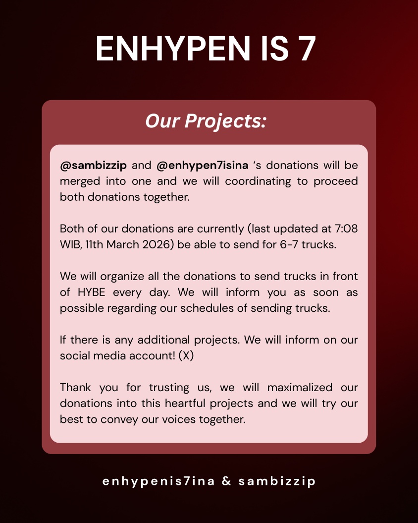 sambizzip's tweet photo. ENHYPEN IS 7 — Truck Project

@sambizzip and @enhypenis7ina are collided to organized this heartful actions for ENHYPEN IS 7 together.

Proceed your donations to our QRIS or BNI (locak bank) 1182581432 (N* A* A*)

Thank you for your support!

#ENHYPEN_IS_7 https://t.co/EW2ub5GYg6