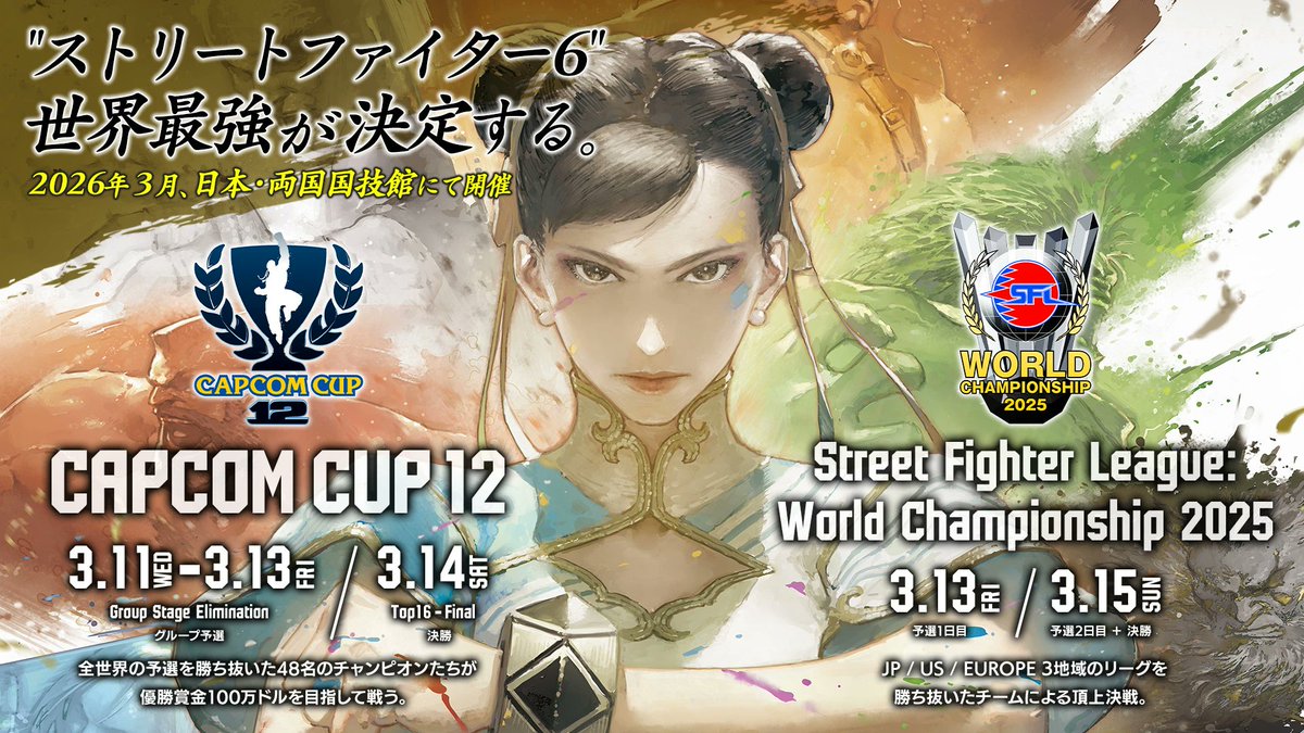 Furious_blog's tweet photo. 【CAPCOMCUP】

2025年のCPTとSFLの集大成。最強プレイヤー/最強チームを決める、5日間に及ぶ大ボリュームの対戦格闘ゲームイベントが本日開幕。会場は2年連続の両国国技館。土俵の上で百貫した瞬間に相撲のルール的に反則負けでいいエドモンド本田がいつ飛び出してくるかわからない緊迫感。実質全編無料配信。

ストリートファイター6
CAPCOM CUP 12 ＆ ストリートファイターリーグ: ワールドチャンピオンシップ 2025

▼スケジュール
・[無料]3月11日(水)11:00～ CCグループステージDay1
・[無料]3月12日(木)11:00～ CCグループステージDay2
・[無料]3月13日(金)11:00～ CCグループステージDay3/SFLWC予選1日目
・[SPWN有料/バトルハブ無料]3月14日(土)11:00～ CC TOP16～決勝
・[SPWN有料/バトルハブ無料]3月15日(日)10:00～ SFLWC予選2日目＋決勝
・[無料]3月29日(日)16:00～ SFLWC予選2日目＋決勝(大会後公開の再編集版)
・[無料]3月30日(月)7:00～ CC TOP16～決勝(大会後公開の再編集版)

▼配信URL
・日本語実況 YouTube
( https://t.co/7Hh8RAlfOO )
・日本語実況 Twitch
( https://t.co/5TfvfaZYs9 )
・英語実況 YouTube
( https://t.co/BU0PJixMmR )
・英語実況 Twitch
( https://t.co/P7BCXyPjU5 )

▼プレイヤー情報
・CCグループA、B、C
( https://t.co/b67txhHKBn )
・CCグループD、E、F
( https://t.co/94fKRxYzdw )
・CCグループG、H、I
( https://t.co/yygv7MvpNi )
・CCグループJ、K、L
( https://t.co/uN6coyI56D )
・SFLWC
( https://t.co/VwepZoIS16 )

▼大会ルール
( https://t.co/cVdHT89pJG )

▼公式サイト
( https://t.co/WpTXytGomi )

▼SF6アップデート情報
・2026年3月17日(火)16:00～
　└遅れてきた真の主人公「アレックス」実装
　└全キャラバランス調整
　└ディージェイとエレナの水着Outfit追加
　└その他未定(ハイタニ先生のまねもん？、イラストコンテスト入賞作品の乱入演出？など)
( https://t.co/nKLE0Hq3PS )
( https://t.co/CgRZLQbTQI )
( https://t.co/ej5yuDcmXp )
( https://t.co/uwT5zpQnSv )
・2026年春前半
　└カプコンファイティングオールスターズとかいう幻のゲームのキャラ「イングリッド」実装
( https://t.co/1PZ3vIfZ6S )
( https://t.co/voO6cGo4fk )
・アレックスとイングリッドで遊べる現行タイトル(実質先行プレイ)
　└アレックス：アニコレ収録のSF3シリーズ、SF5、ファイコレ2収録のカプジャム
　└イングリッド：ファイコレ2収録のカプジャムとZERO3アッパー

▼公式X
・CAPCOM eSports
( https://t.co/XlgiZek7h1 )
・ストリートファイター
( https://t.co/1UdPUoMC3h )