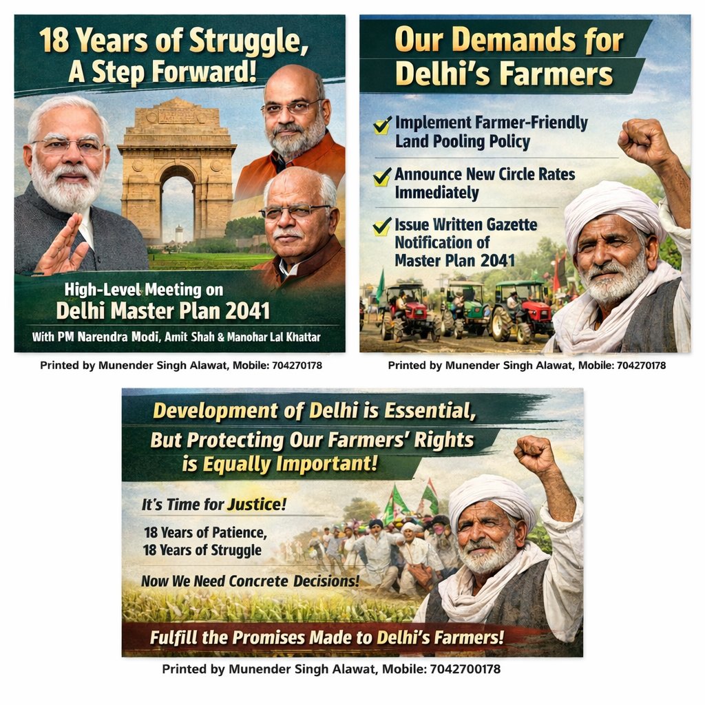 MonandraSingh's tweet photo. 18 वर्षों से दिल्ली देहात के किसान अपने अधिकारों के लिए संघर्ष कर रहे हैं।
हम स्वागत करते हैं कि Narendra Modi जी ने Delhi Master Plan 2041 पर बैठक की।
अब मांग है:
Land Pooling Policy, नए Circle Rate और Gazette Notification तुरंत लागू हों।
#DelhiDehat #MasterPlan2041 #KisanEkta https://t.co/rLe6taeU5X