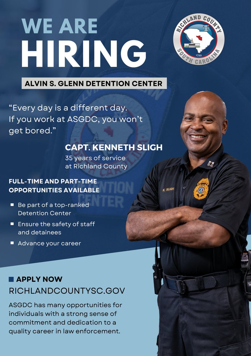 RichlandSC's tweet photo. Want to play a role in protecting others?

The Alvin S. Glenn Detention Center (ASGDC) is seeking individuals devoted to public safety.

ASGDC has opportunities for people with strong commitment and dedication.

Apply today: https://t.co/65oKVqBYOJ!

#RichlandCountySC https://t.co/GSvjvp416U