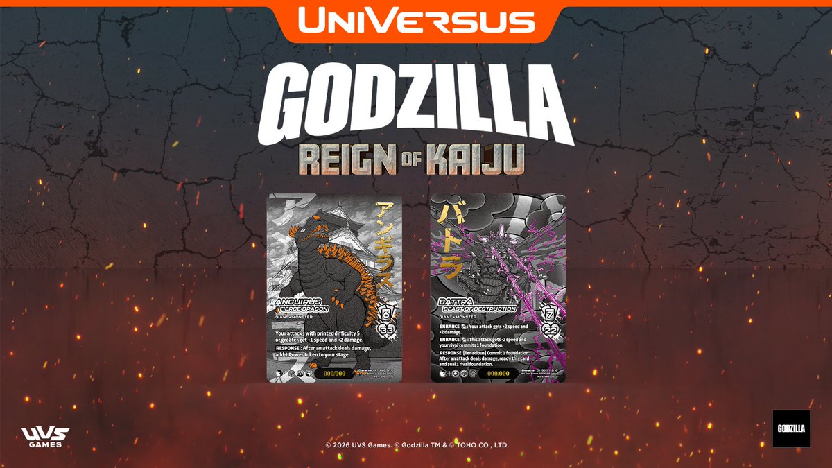UniVersusCCG's tweet photo. ✨Something rare is stomping into Godzilla: Reign of Kaiju.✨

Watch for Serialized Chrome Rares, each limited to 100 copies and individually numbered. Your hunt begins this Friday.

Find a store near you and secure your packs: https://t.co/hRzc03aPYF https://t.co/ppvpdPDPz1