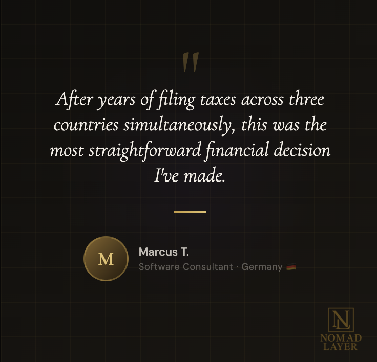 nomadlayer's tweet photo. "After years of filing taxes across 3 countries, this was the most straightforward financial decision I've made. Fully remote, done in <2 weeks." โ Marcus T., Germany ๐ฉ๐ช
Complex tax. Simple solution.
Read more: https://t.co/1OS1Tp4mgR ๐ #NomadLayer #TaxPrep #DigitalNomad https://t.co/Bm8OlQWPdC