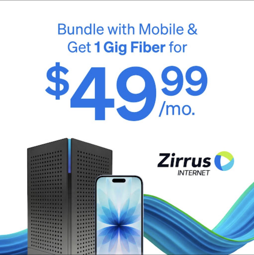 getzirrus's tweet photo. Save $20 a month with Zirrus when you bundle 1 Gig Fiber Internet with Mobile. https://t.co/qkZGMo8WsF