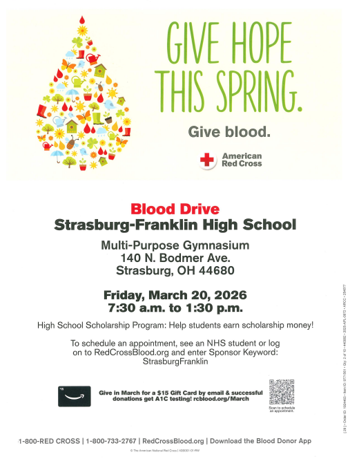 WeAreStrasburg's tweet photo. Strasburg National Honor Society and the American Red Cross are teaming up to hold another blood drive on Friday, March 20th in the MAC. 

Link to sign up: https://t.co/F7f9UkDsUS https://t.co/nHkyD5wWq5