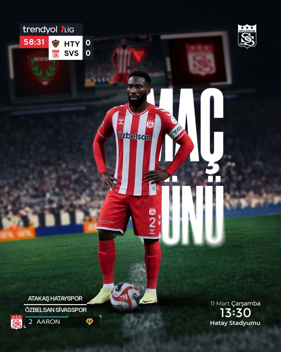 Sivasspor's tweet photo. ➡️ Sıradaki Maç
⚽️ Trendyol 1. Lig | 30. Hafta
🆚 Atakaş Hatayspor – Sivasspor
🗓️ 11 Mart 2026 Çarşamba
🕐 13.30
🏟️ Fuat Tosyalı Stadyumu
📲 #HTYvSVS | #GösterGücünü ❤️🤍 https://t.co/JqnMG0oCZT