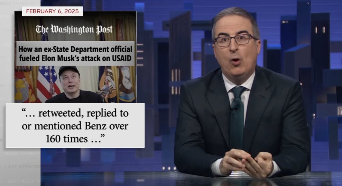 OCCRP's tweet image. In his latest episode on the gutting of USAID, #JohnOliver singled out far-right activist Mike Benz as a key architect pushing for the dismantling of the agency — labeling him “a chronically online lunatic” whose lies about USAID were amplified by Elon Musk.