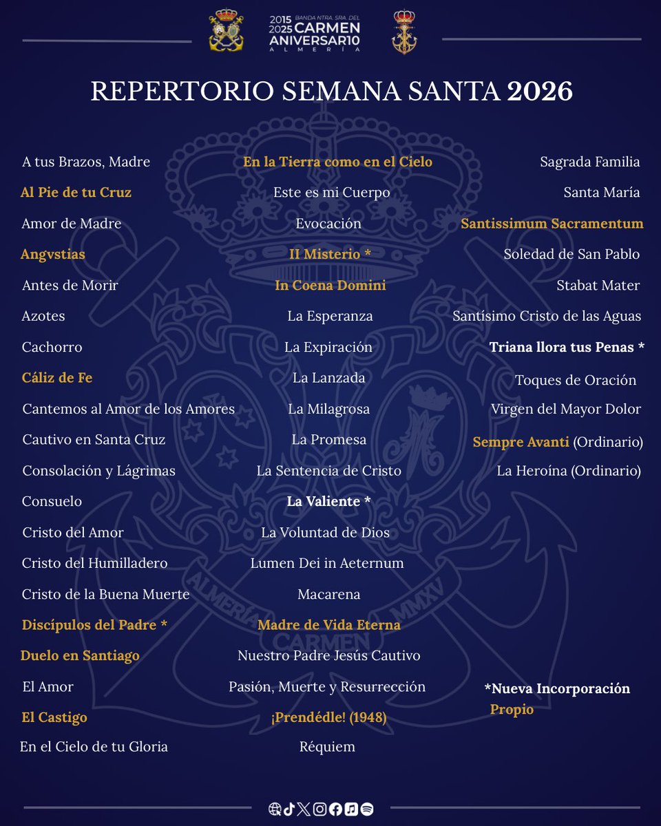 𝐑𝐄𝐏𝐄𝐑𝐓𝐎𝐑𝐈𝐎 🎺

Os presentamos el repertorio que interpretaremos la próxima Semana Santa 2026.

52 marchas, 2 de ordinario y 4 incorporaciones de las cuales 2 son propias.

¡Esperamos que lo disfrutéis tanto como nosotros!

#CarmenXaniversario