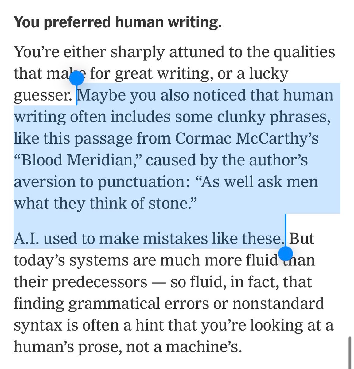 the author of the NYT ai writing quiz does not seem to know writing either. What is the punctuation they think is missing here? really bleak