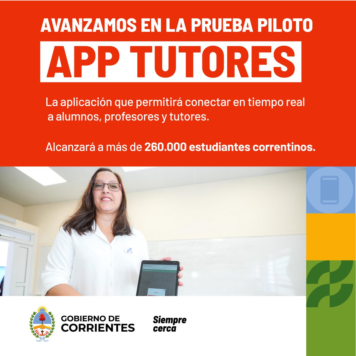 CorrientesGob's tweet photo. Estamos poniendo a prueba la App Tutores junto al @MinisterioEduc.

Creada para la toma de asistencia digital y notificación automática de tutores, busca reducir la deserción escolar y acompañar mucho más de cerca a los alumnos correntinos de los diferentes niveles educativos. https://t.co/l5iEmisup4